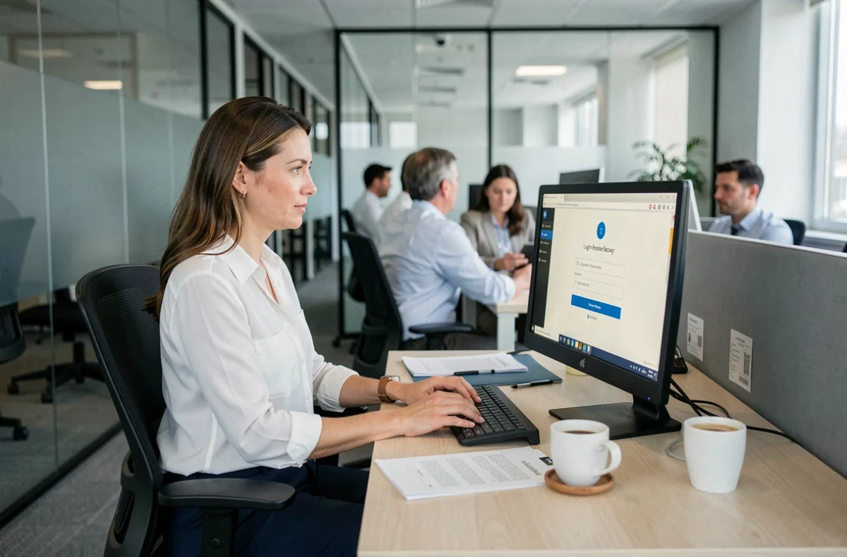 Femme en environnement de bureau récupérant l'accès à son compte propriétaire MyFoncia après un mot de passe perdu
