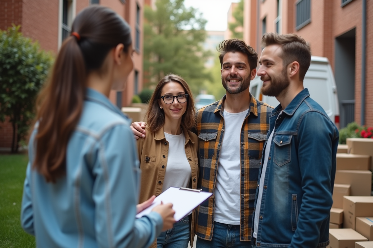 Jeune couple recevant conseils d’un travailleur social devant un immeuble