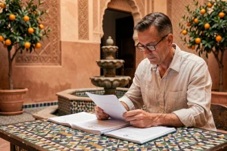 Acheteur étranger examinant des documents immobiliers dans un riad traditionnel de Marrakech