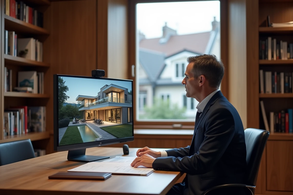 Homme d'affaires consultant une annonce immobilière de prestige sur ordinateur dans un bureau sophistiqué