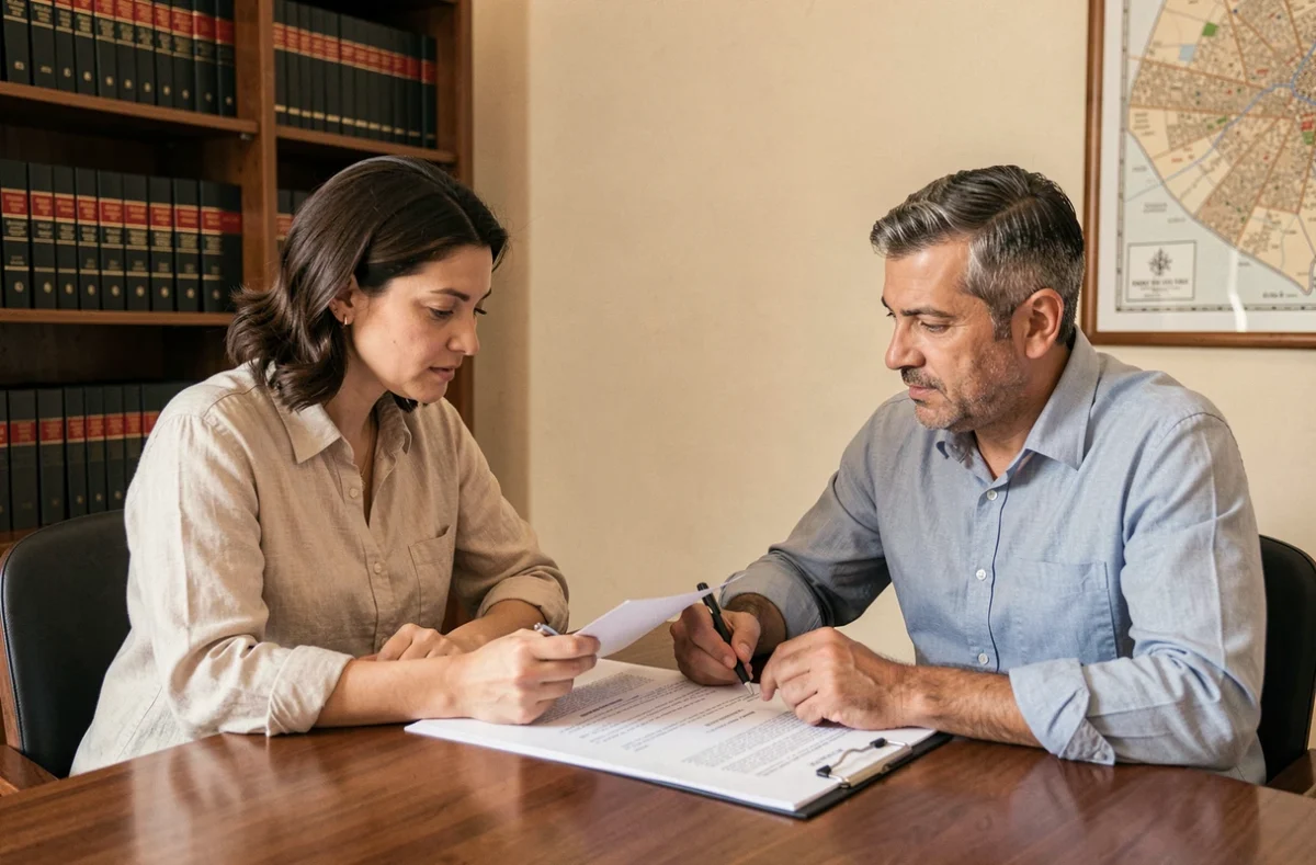 Couple d'acheteurs signant un compromis de vente immobilière chez un notaire à Marrakech