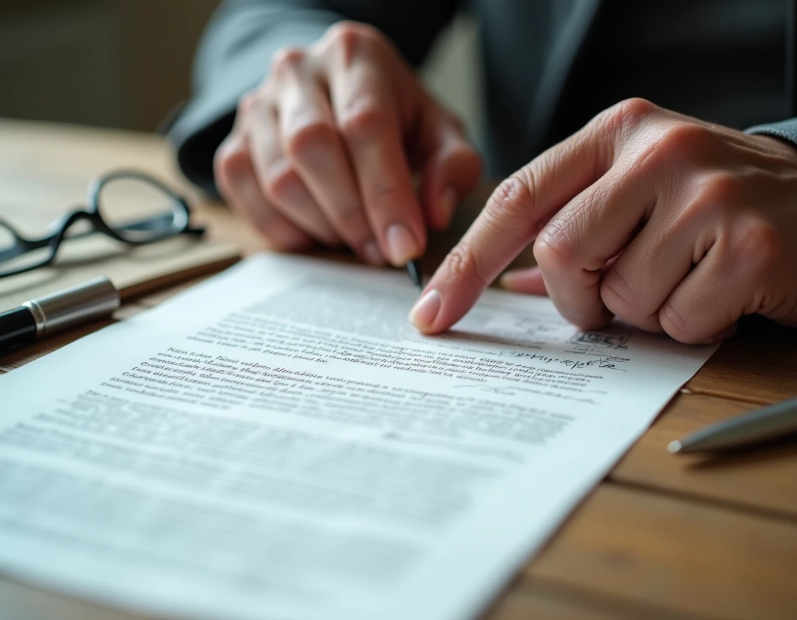 Gros plan sur des mains pointant une clause d'un acte notarié de viager avec des frais spécifiques aux biens loués