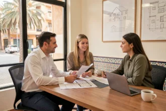 Agent immobilier marocain présentant des documents de vente d'appartement à des acheteurs dans un bureau moderne de Guéliz, Marrakech