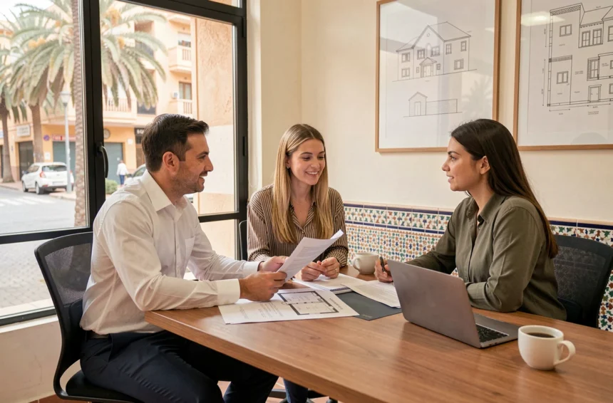 Agent immobilier marocain présentant des documents de vente d'appartement à des acheteurs dans un bureau moderne de Guéliz, Marrakech