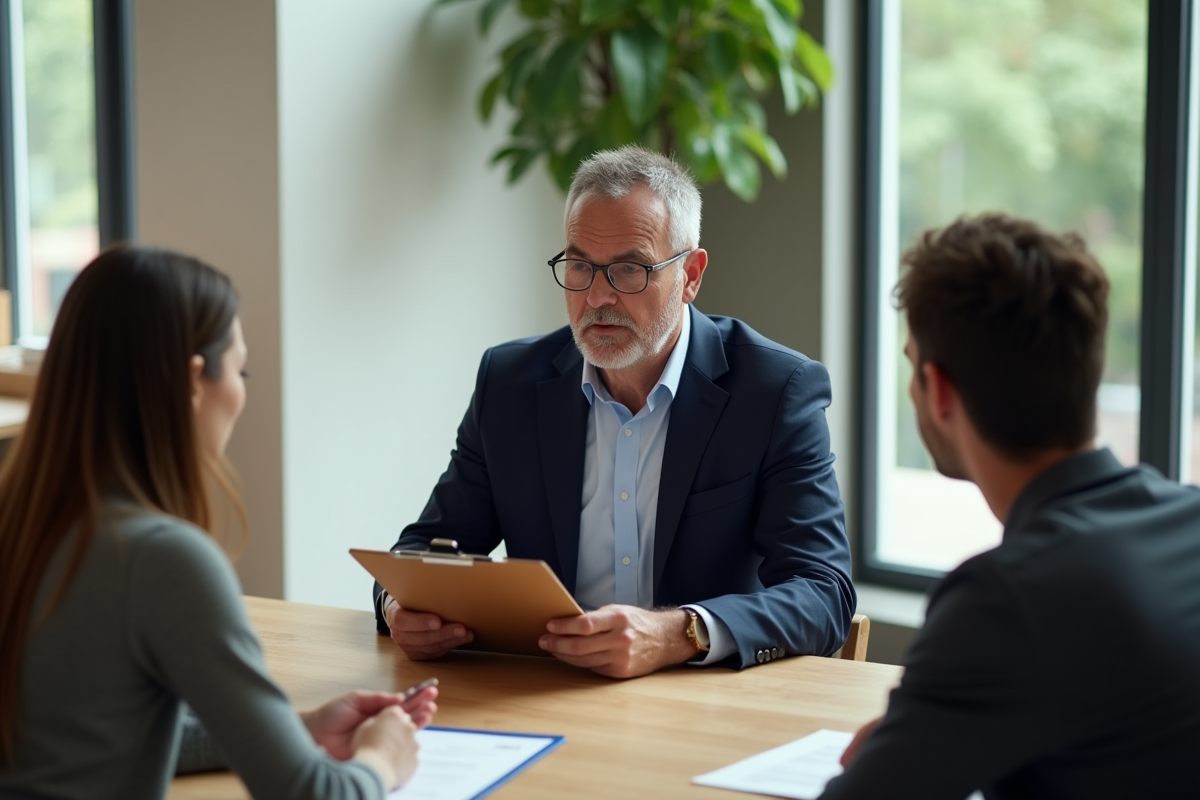 Agent immobilier en costume expliquant prix à un couple