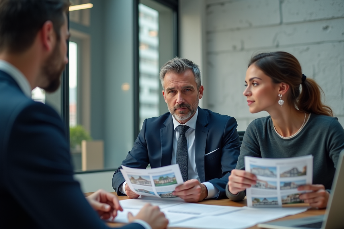 Agent immobilier en costume expliquant documents à un couple