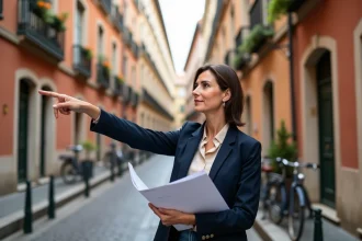 Agent immobilier devant des façades lyonnaises dans le quartier de la Croix-Rousse lors d'une visite de marché immobilier