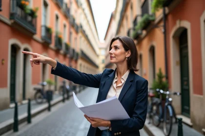 Agent immobilier devant des façades lyonnaises dans le quartier de la Croix-Rousse lors d'une visite de marché immobilier