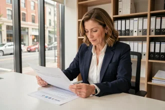 Agent immobilier analysant des documents de revente Pierre et Vacances dans une agence moderne