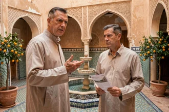 Agent immobilier marocain présentant un riad traditionnel à Marrakech avec des zelliges et une fontaine en mosaïque