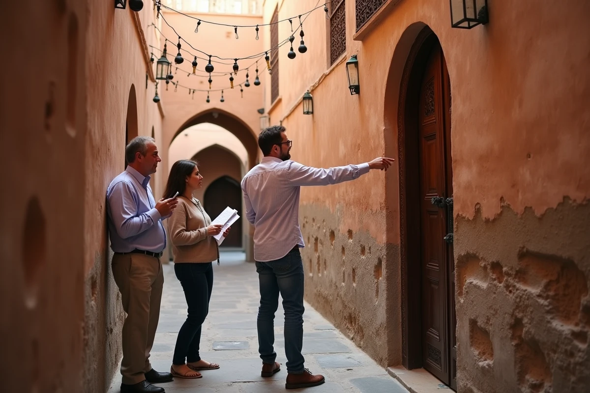 Agent immobilier présentant un riad à vendre à des acheteurs étrangers dans une ruelle de la médina de Marrakech