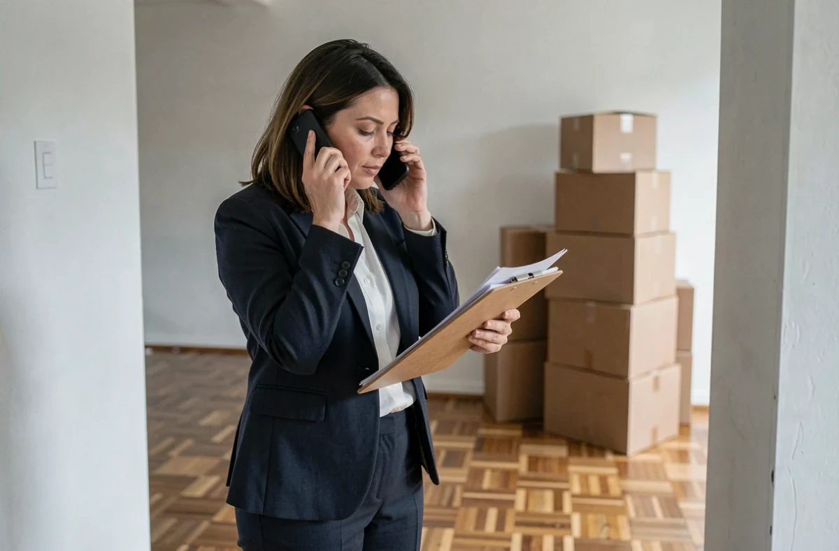 Agent immobilière gérant une vente de maison en urgence suite à un divorce dans une maison vide