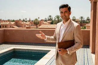 Agent immobilier présentant une villa à vendre à Marrakech avec terrasse et piscine mosaïque turquoise
