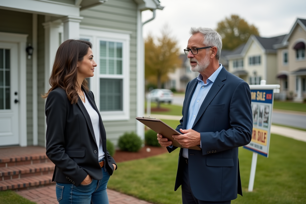 Agent immobilier discutant avec une cliente devant une maison