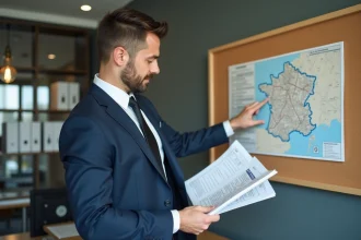Agent immobilier consultant une carte des zones tendues françaises dans une agence moderne pour un investissement locatif 2026