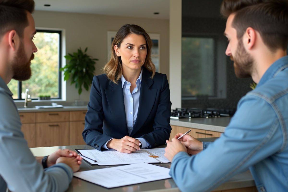 Agent immobilier femme en costume bleu avec couple dans cuisine moderne