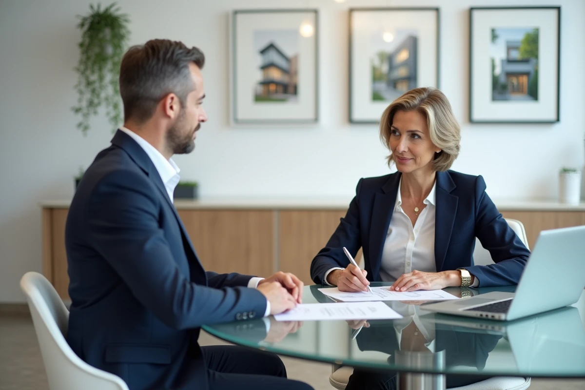 Agente immobilière de luxe en consultation avec un client dans une agence haut de gamme moderne