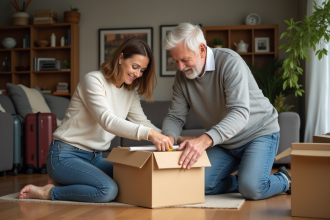 Femme et homme aidant à emballer des cartons dans un salon chaleureux