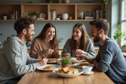Quatre jeunes adultes partageant un repas convivial dans une cuisine moderne