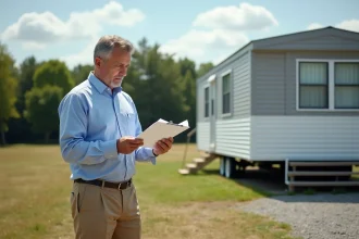 Homme analysant la rentabilité locative d'une parcelle de terrain avec mobil home en main tenant des documents