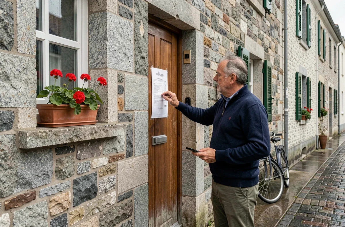 Homme consultant une annonce de location appartement affichée sur une porte d'immeuble breton en pierre à Concarneau