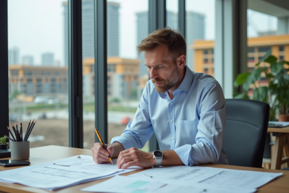 Architecte homme examinant des plans dans un bureau moderne