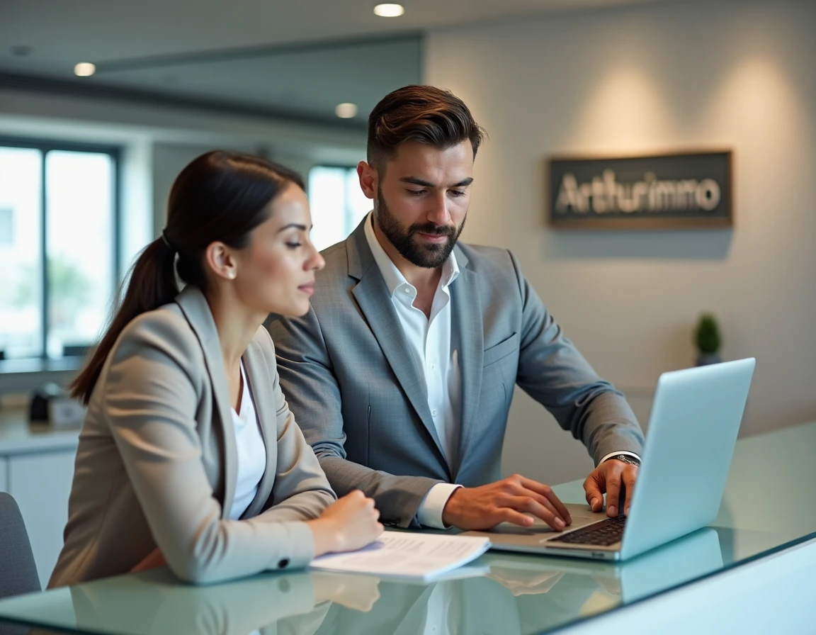 Agent Arthurimmo présentant un bien immobilier sur ordinateur portable à un jeune couple au comptoir de l'agence moderne