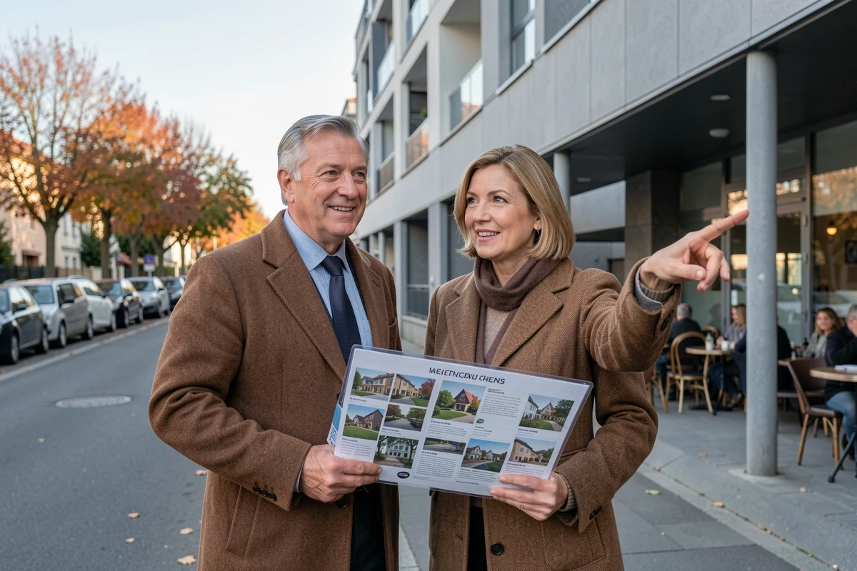 Deux associés professionnels examinant un portefeuille immobilier devant un immeuble résidentiel moderne en milieu urbain