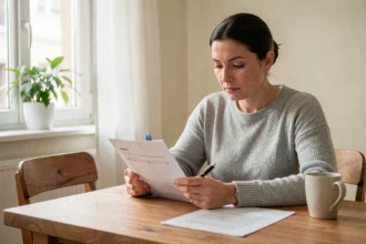 Femme signant une attestation d'assurance multirisque habitation à la table de sa cuisine