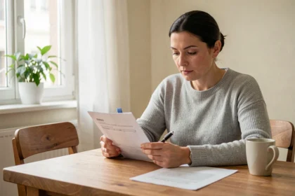 Femme signant une attestation d'assurance multirisque habitation à la table de sa cuisine