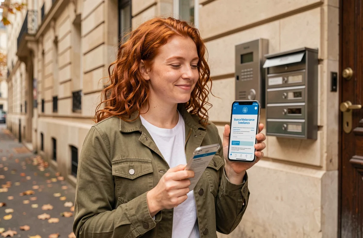 Jeune femme affichant son attestation d'assurance multirisque habitation sur smartphone devant son immeuble