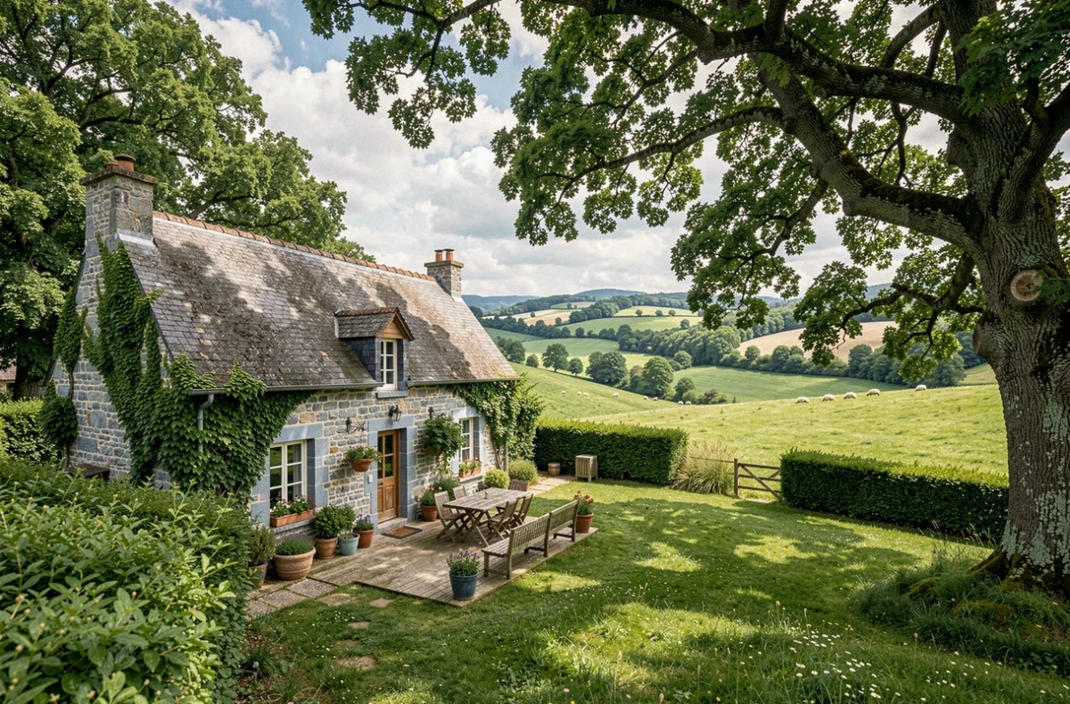 Gîte rural en pierre bleue dans le parc naturel de l'Avesnois entouré de prairies verdoyantes et de vues panoramiques