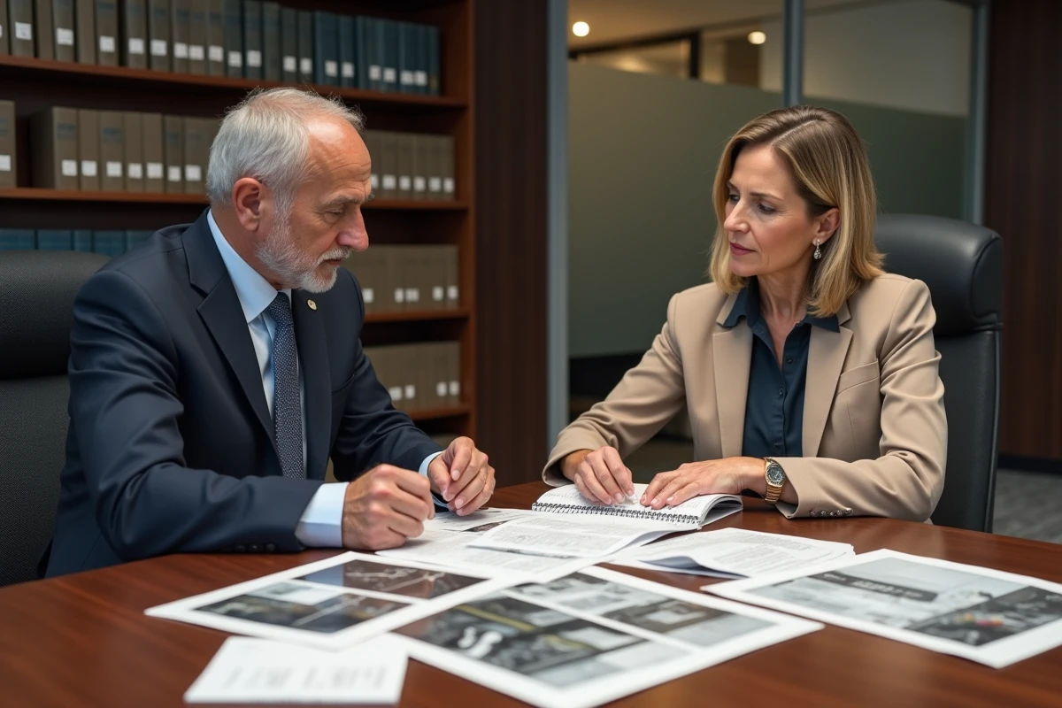 Avocat et expert en bâtiment examinant des documents et photos de moisissures lors d'une réunion de litige immobilier