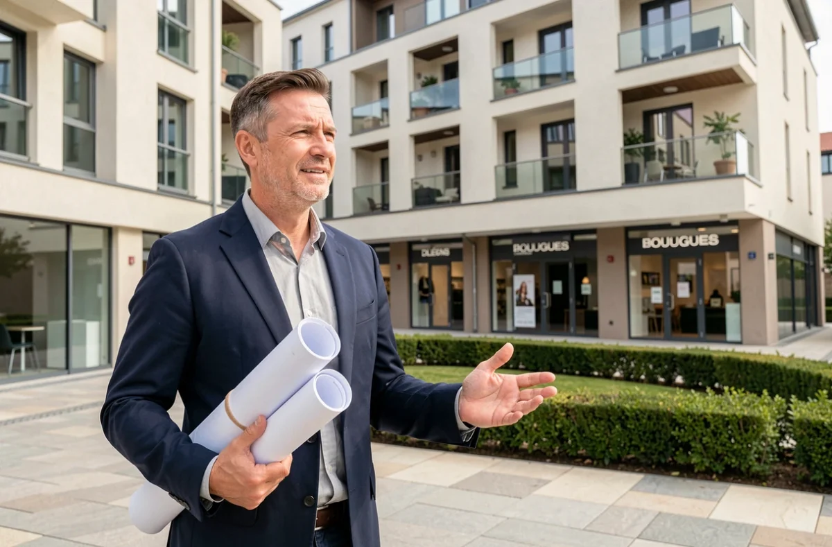 Professionnel de Bouygues Immobilier devant un programme résidentiel moderne à Orléans dans le Loiret