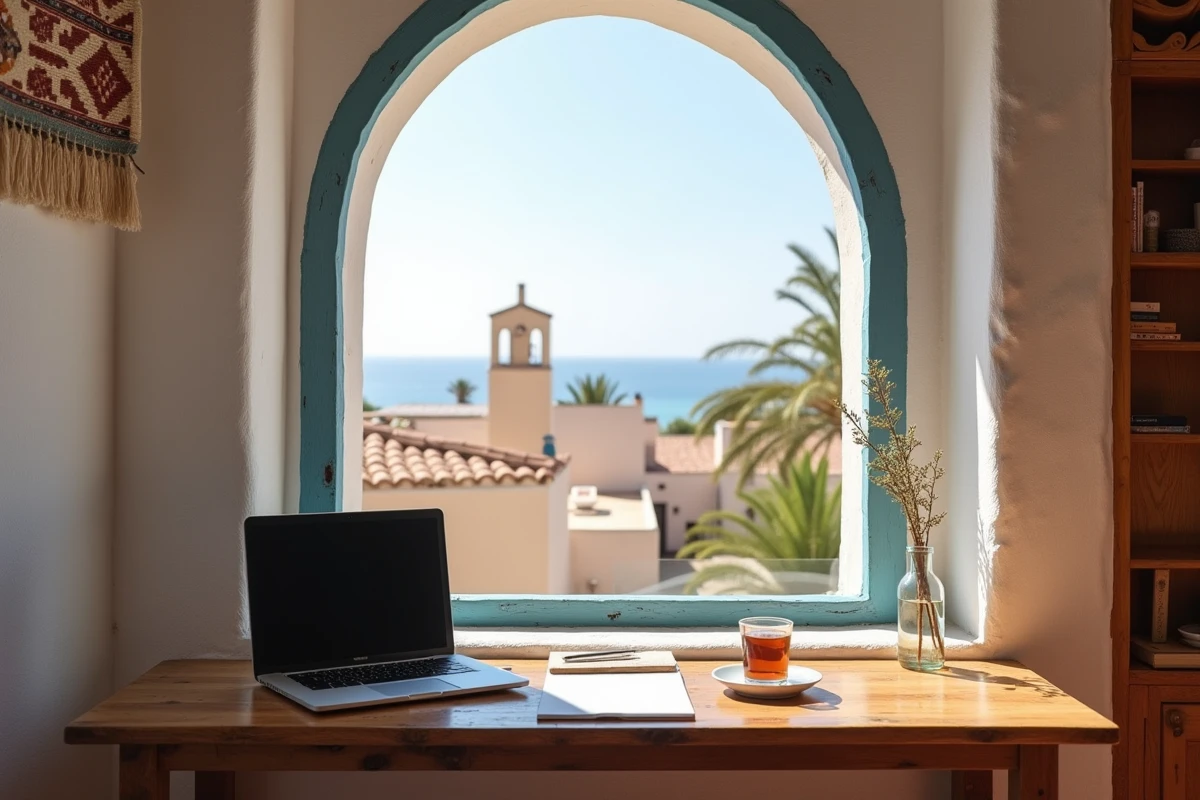 Bureau avec contrat de location et vue sur les toits d'Essaouira depuis un riad, illustrant la vie quotidienne en location longue durée au Maroc