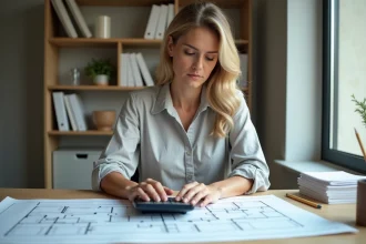 Femme utilisant une calculatrice pour mesurer des mètres carrés sur des plans architecturaux