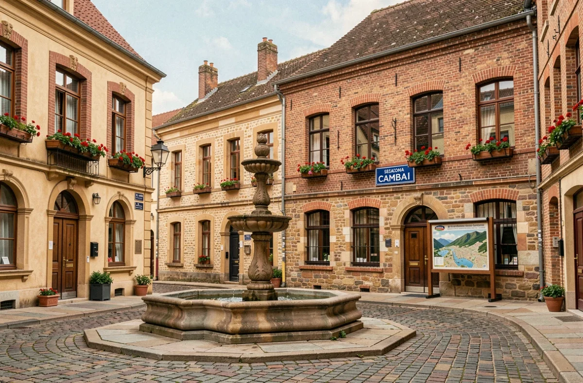 Place centrale de Cambrai avec bâtiment de location saisonnière typique du Cambrésis et architecture historique flamande