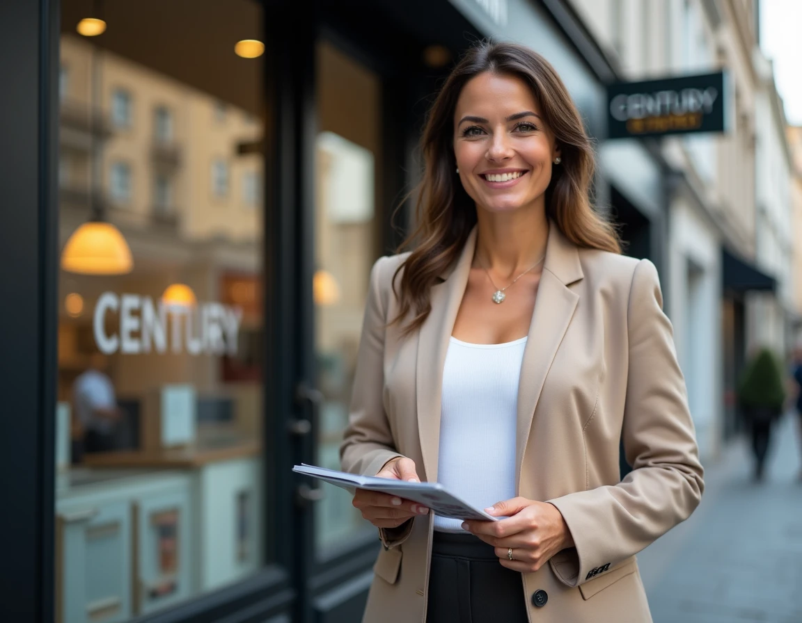 Agente immobilière Century 21 Terre d'Ardèche devant la vitrine de l'agence à Annonay, tenant un document immobilier