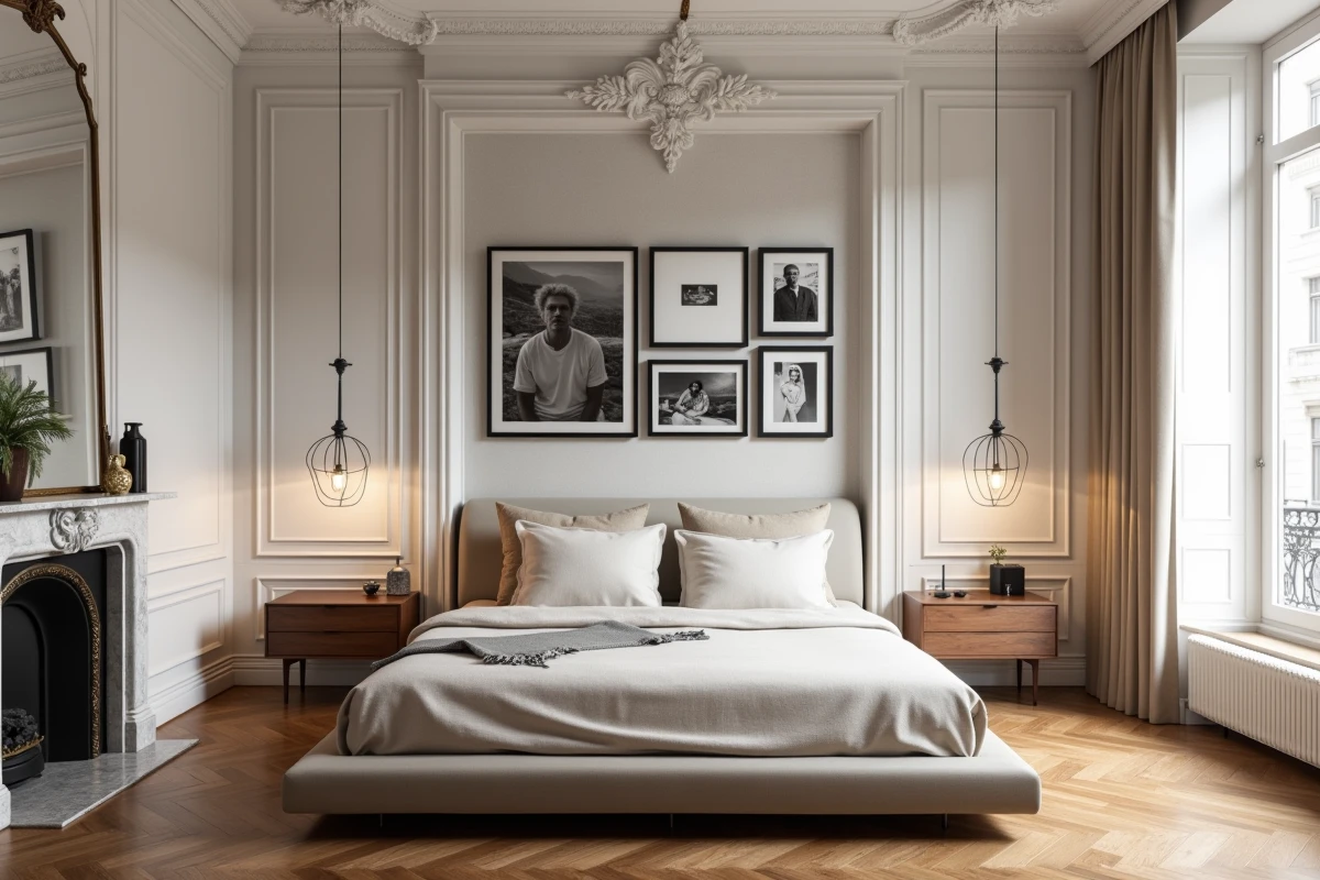 Chambre haussmannienne avec parquet chevrons, cheminée en marbre restaurée et lit en lin naturel entouré de tables de chevet en noyer et laiton brossé