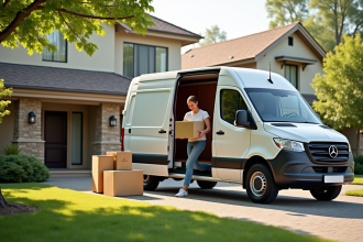 Personne chargeant des cartons dans un camion blanc moderne devant une maison ensoleillee
