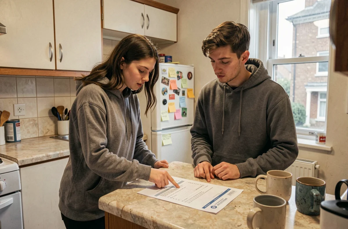 Deux colocataires étudiants comparant les garanties de leur assurance habitation partagée