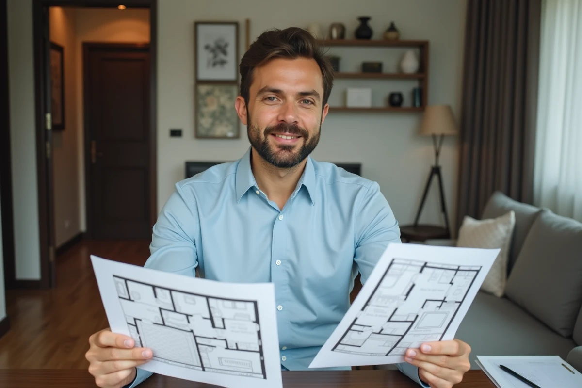 Homme comparant les plans d'un studio et d'un T1 avec chambre séparée dans un appartement moderne