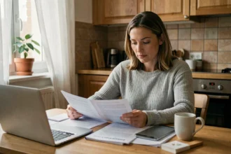 Femme comparant des offres d'assurance habitation moins chère à la maison avant de résilier son contrat actuel