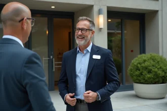 Concierge souriant accueillant un résident à l'entrée d'un immeuble moderne