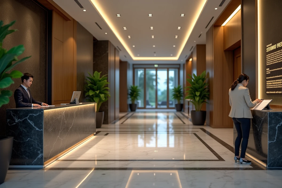 Hall d'entrée d'un condominium moderne en Thaïlande avec une femme expatriée consultant un document juridique de propriété