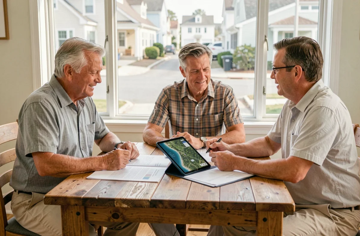 Couple discutant d'un investissement immobilier en bord de mer avec un agent, documents et carte aérienne sur la table