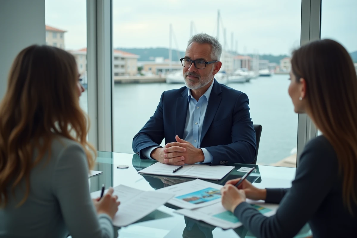 Conseiller bancaire expliquant un plan de financement pour l'achat d'un appartement avec vue sur mer