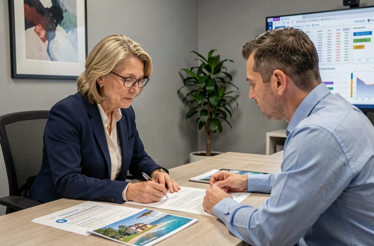 Conseillère bancaire et cliente discutant d'un prêt immobilier pour financer une maison avec vue mer