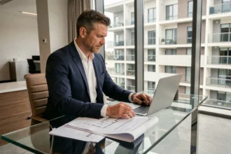 Conseiller immobilier de prestige analysant une estimation gratuite sur ordinateur dans une agence haut de gamme