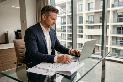 Conseiller immobilier de prestige analysant une estimation gratuite sur ordinateur dans une agence haut de gamme